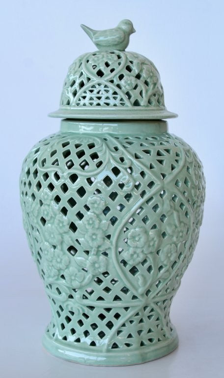 Large Pale Green Cut Out Ginger Jar