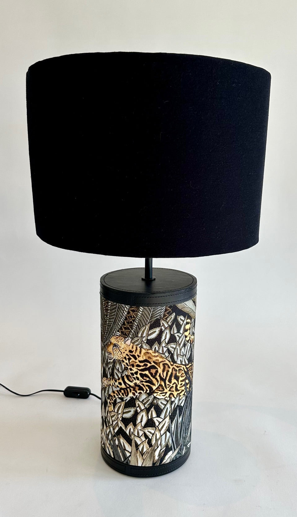 Leopard fabric lamp & black drum shade