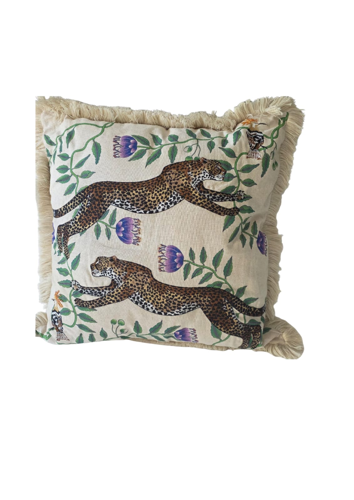 Linen Embroidered Beaded Cushion Cover - Cheetah