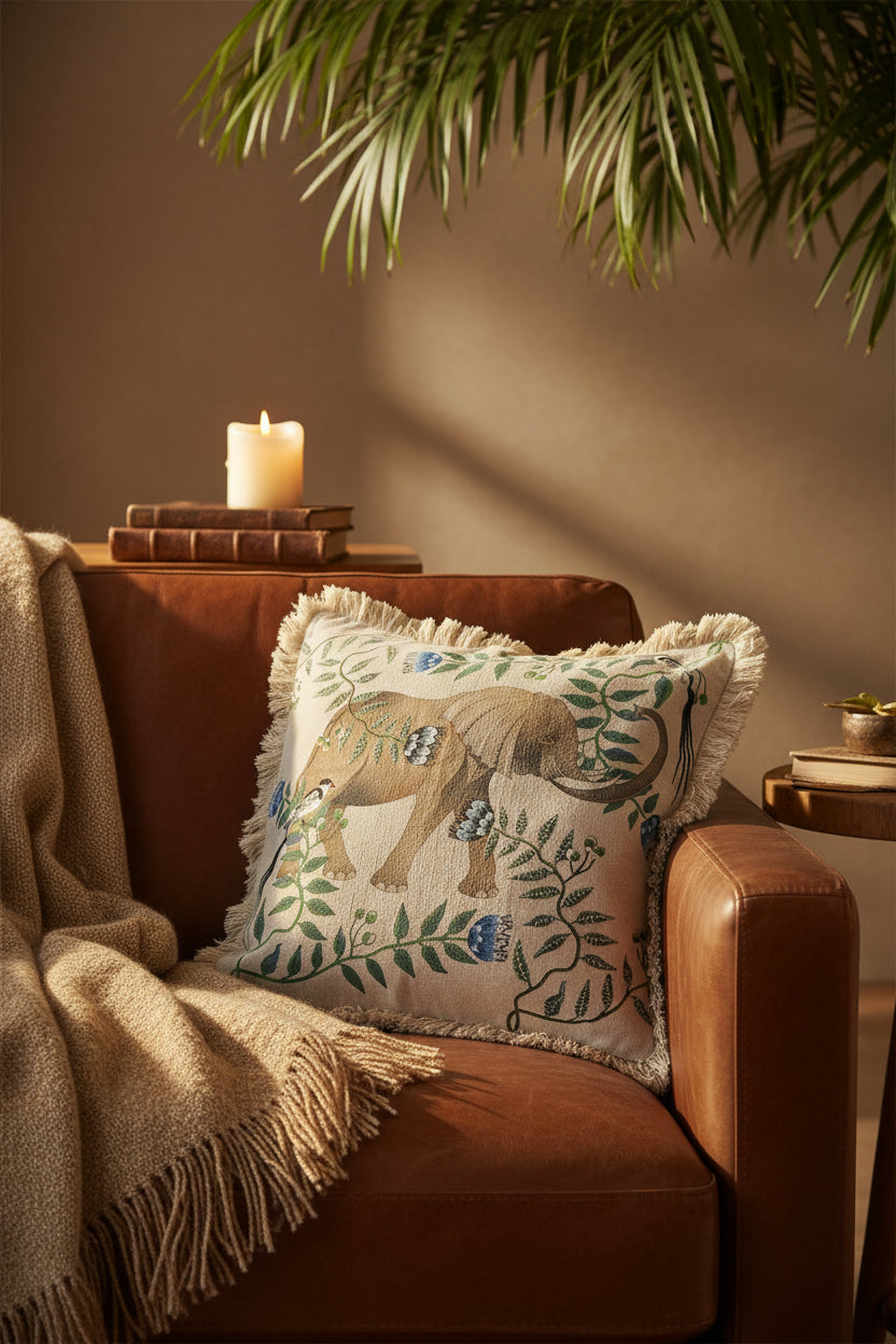 Linen Embroidered Beaded Cushion Cover - Elephant