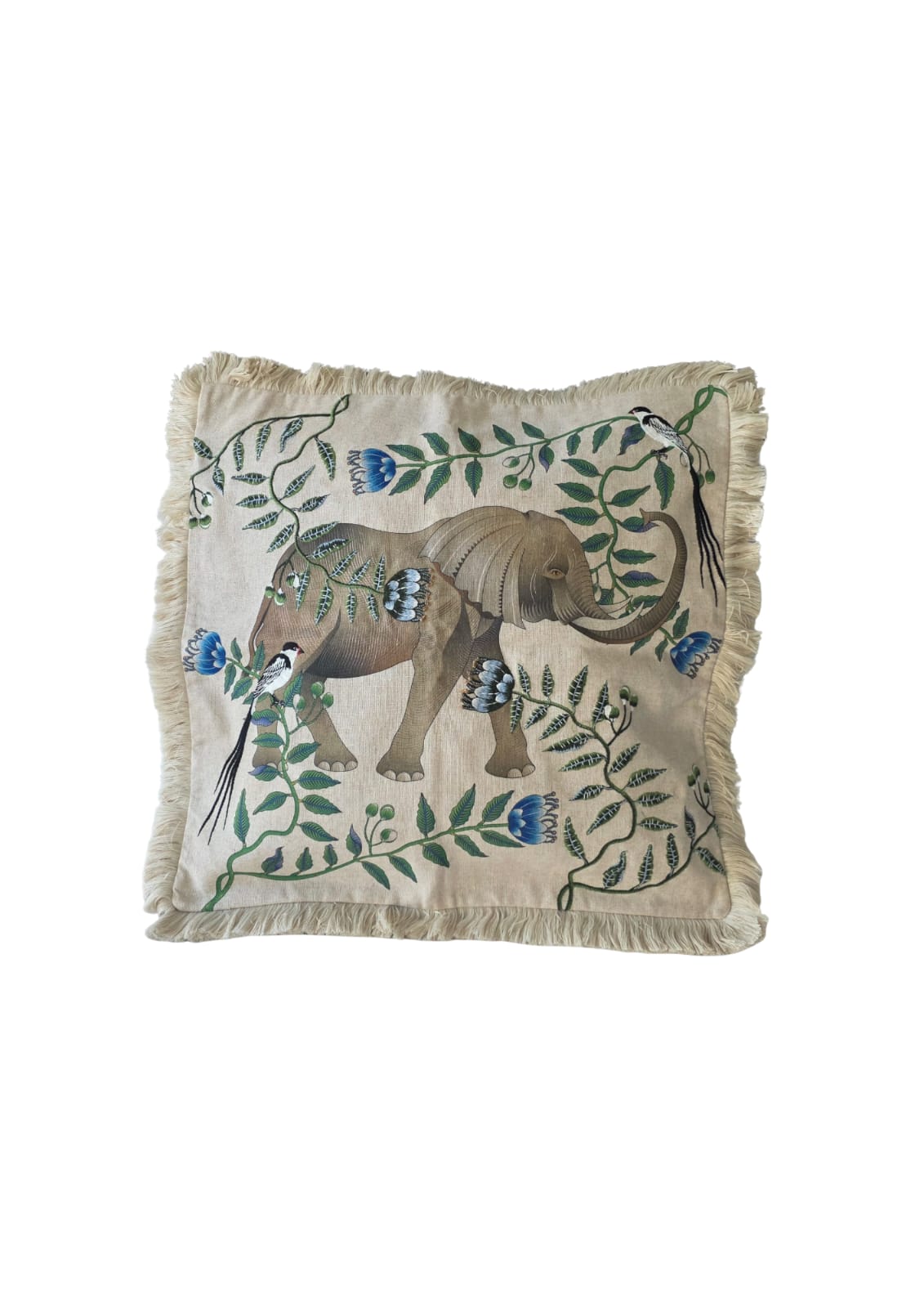 Linen Embroidered Beaded Cushion Cover - Elephant