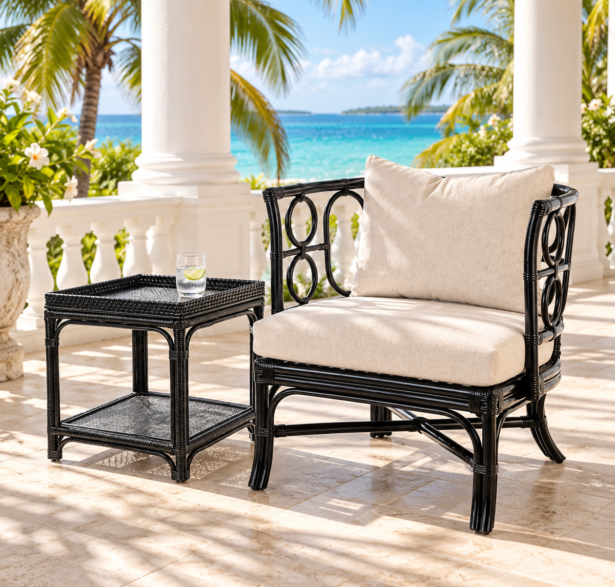 2 Tier Black Rattan Side Table