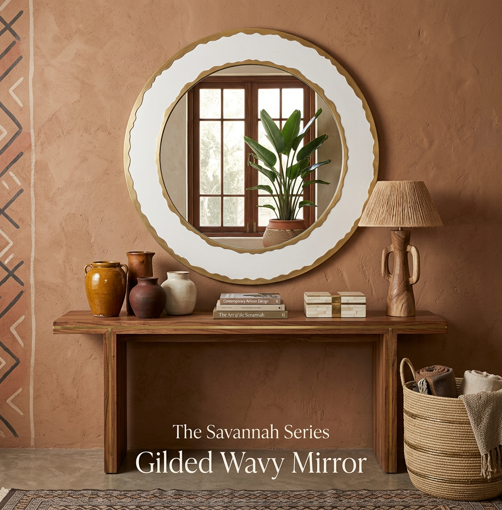 LARGE GOLD METAL MIRROR WITH WHITE LEATHER DETAIL
