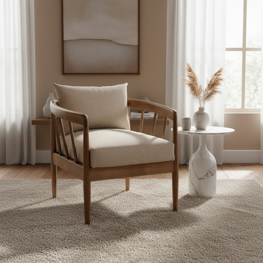 Wooden armchair with beige cushions on a white background
