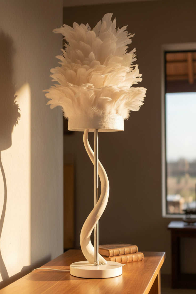 KUDU INNER HORN LAMP WITH ROOSTER FEATHER SHADE - NetDécor