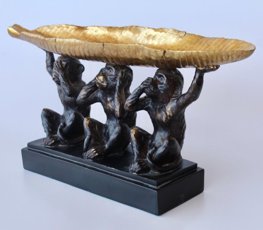 3 Large Monkeys with Gold Leaf Tray