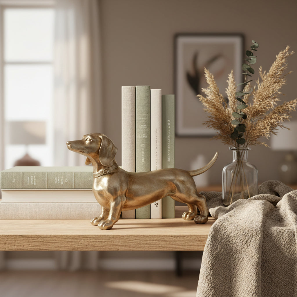 A metallic gold dachshund figurine standing on a rustic wooden surface against a dark green textured wall.