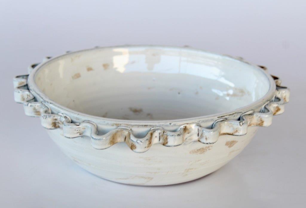 Large White Ceramic Bowl with Frill Edge