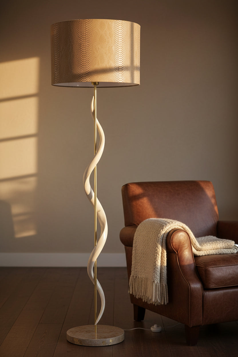 Kudu Inner Horn Single Twist Standing Lamp with Cream Cow Skin Base - NetDécor