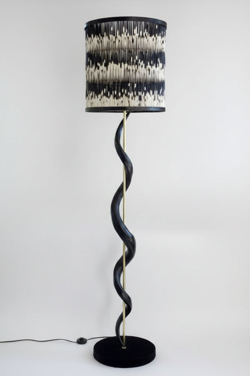 Black Kudu Horn Single Twist standing lamp 3 Tier Porcupine Quill Drum Shade