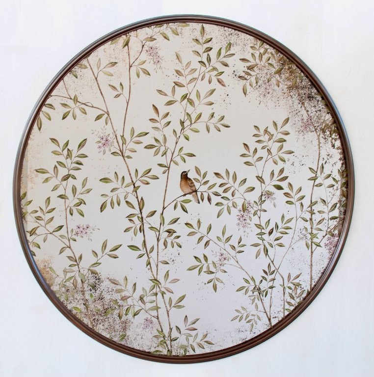Round Brown Frame Chinioserie Mirror