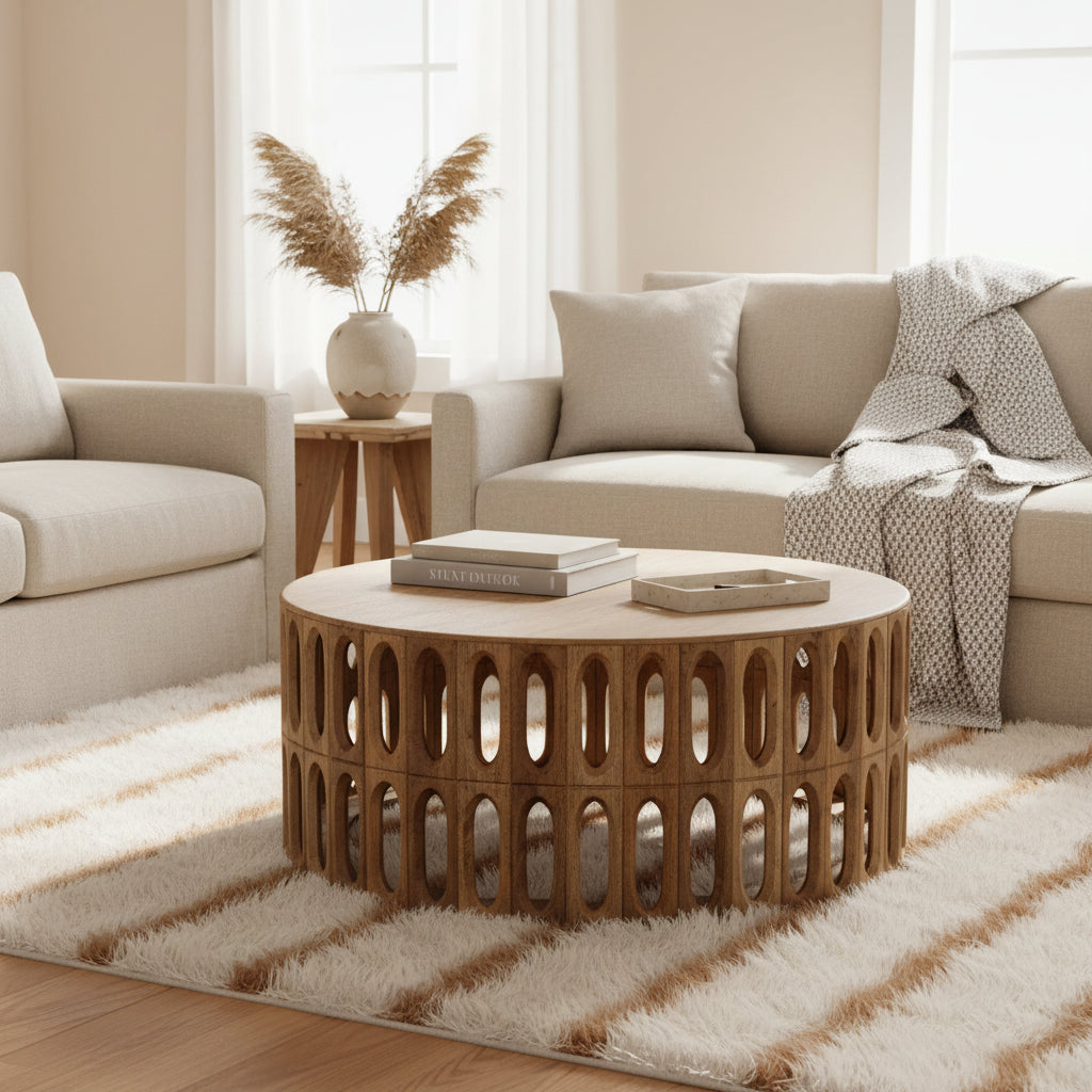 Wooden coffee table with architectural design on a white background