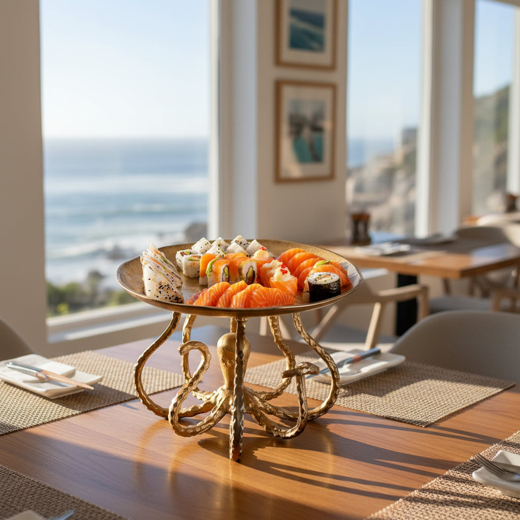 A gold octopus-shaped pedestal stand holding a plated assortment of sushi and a sandwich on a clean white background.