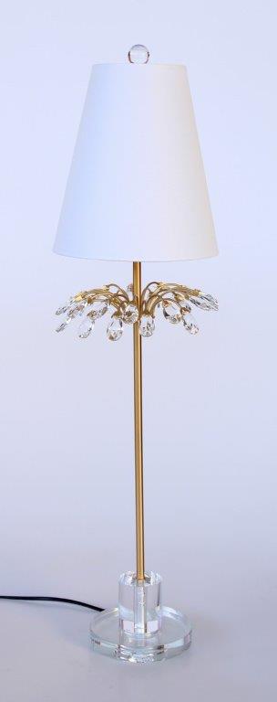 Crystal and Brass Lamp White Finial & Harp Shade with Teardrop Detail