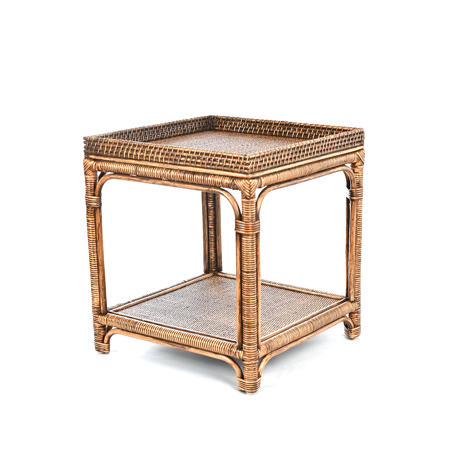 2 Tier Brown Rattan Square Side Table