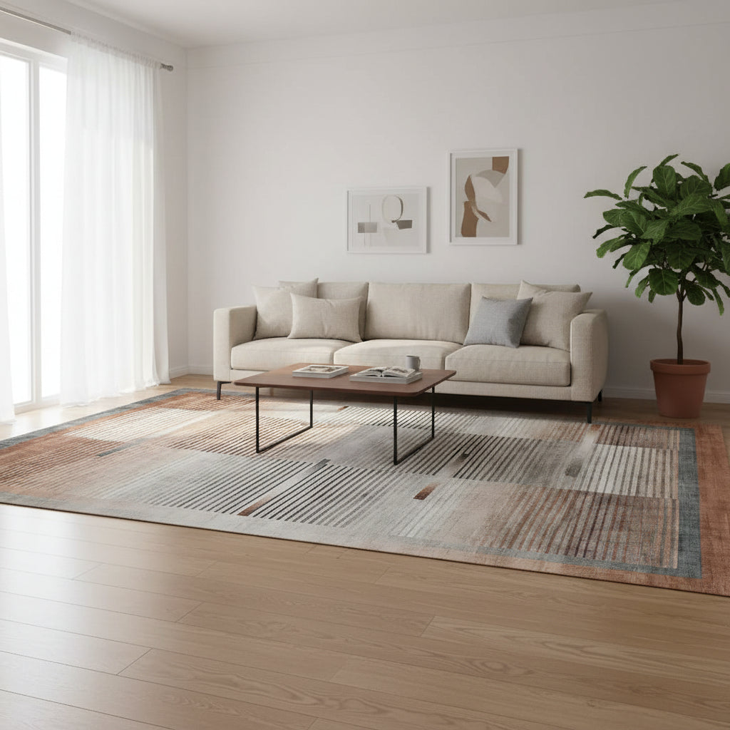An abstract area rug with a geometric pattern of horizontal stripes in varying widths, featuring a color palette of beige, brown, gray, and muted blue-gray.