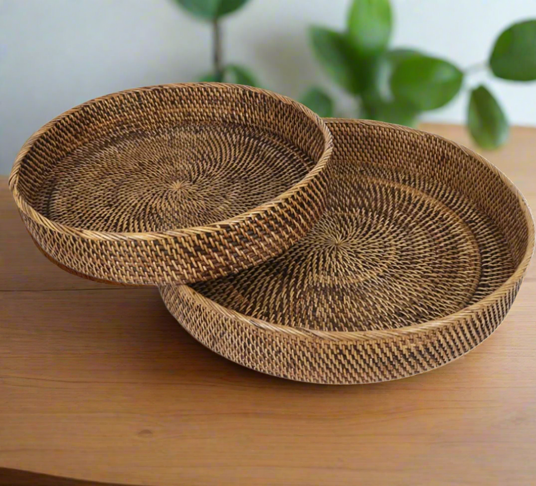 RATTAN TRAY ROUND SET OF 2 ANTIQUE