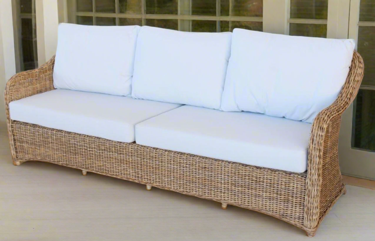 3.5 SEATER OUTDOOR CANE COUCH OFF-WHITE CUSHIONS