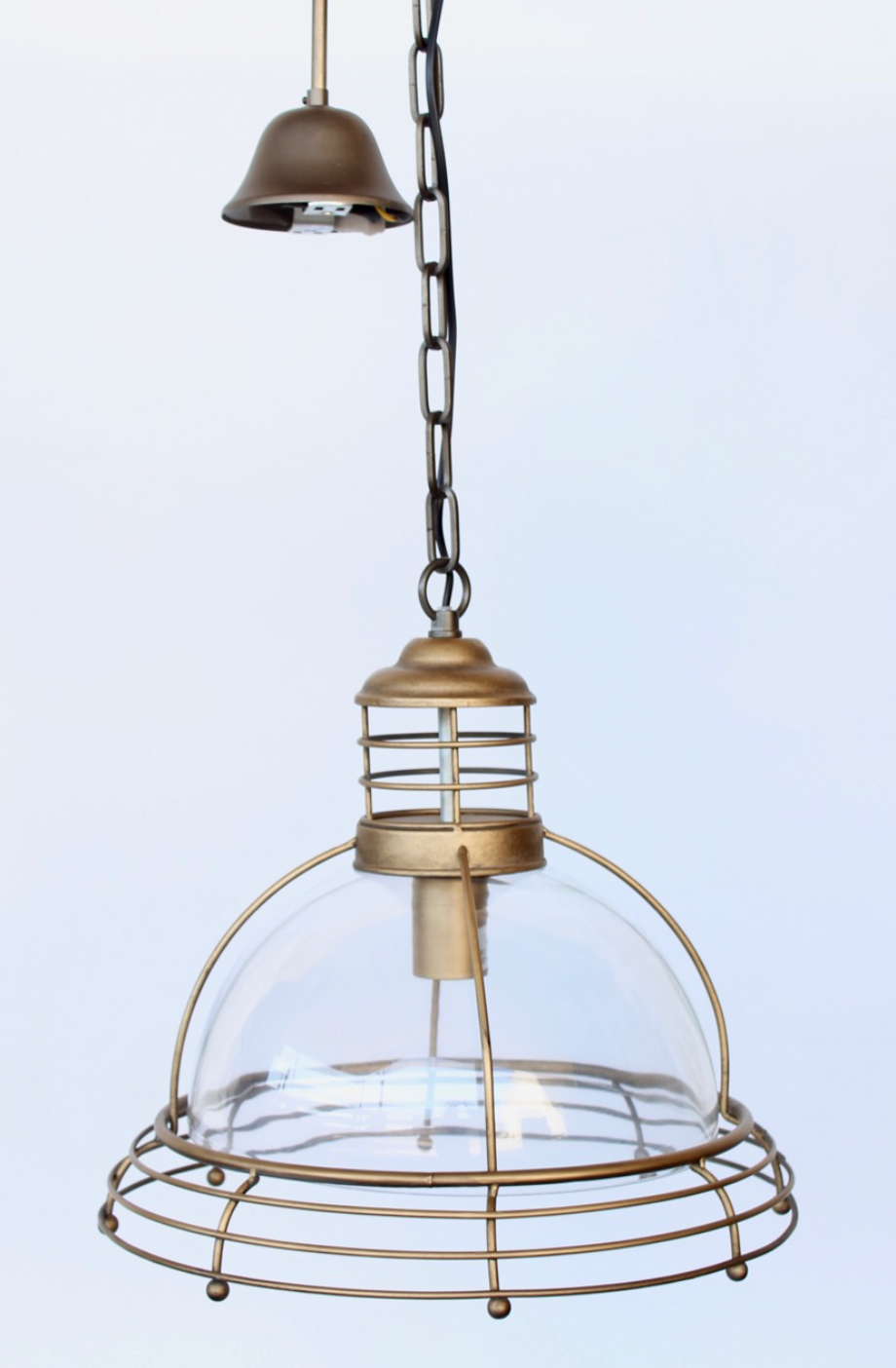 METAL & GLASS DOME WITH 3 BRASS RINGS HANGING LIGHT