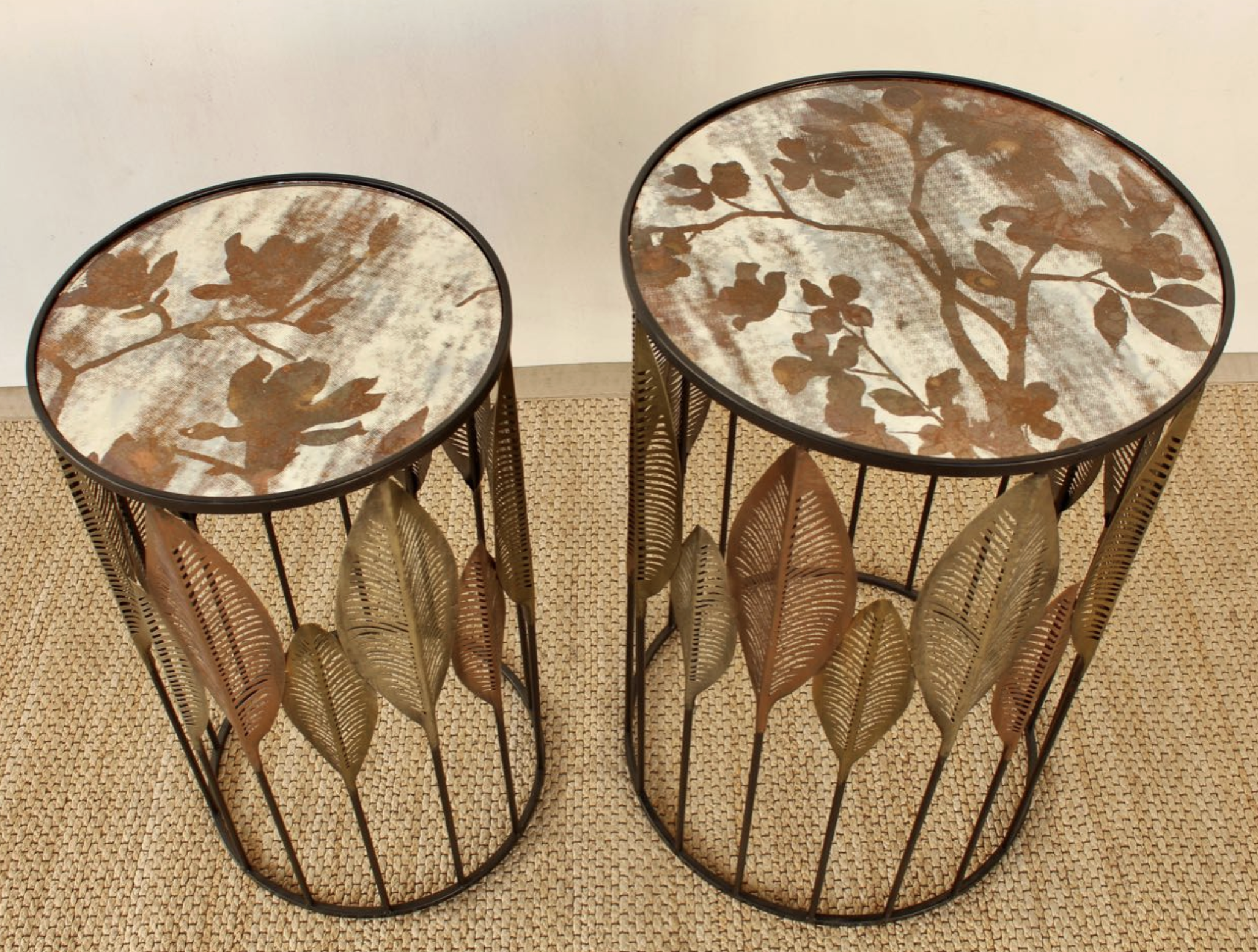 SET OF 2 PALM LEAF MIRRORED TABLES
