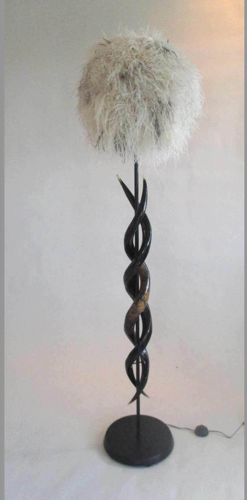 Kudu Horn Double Standing Lamp with Ostrich Feather Ball Shade