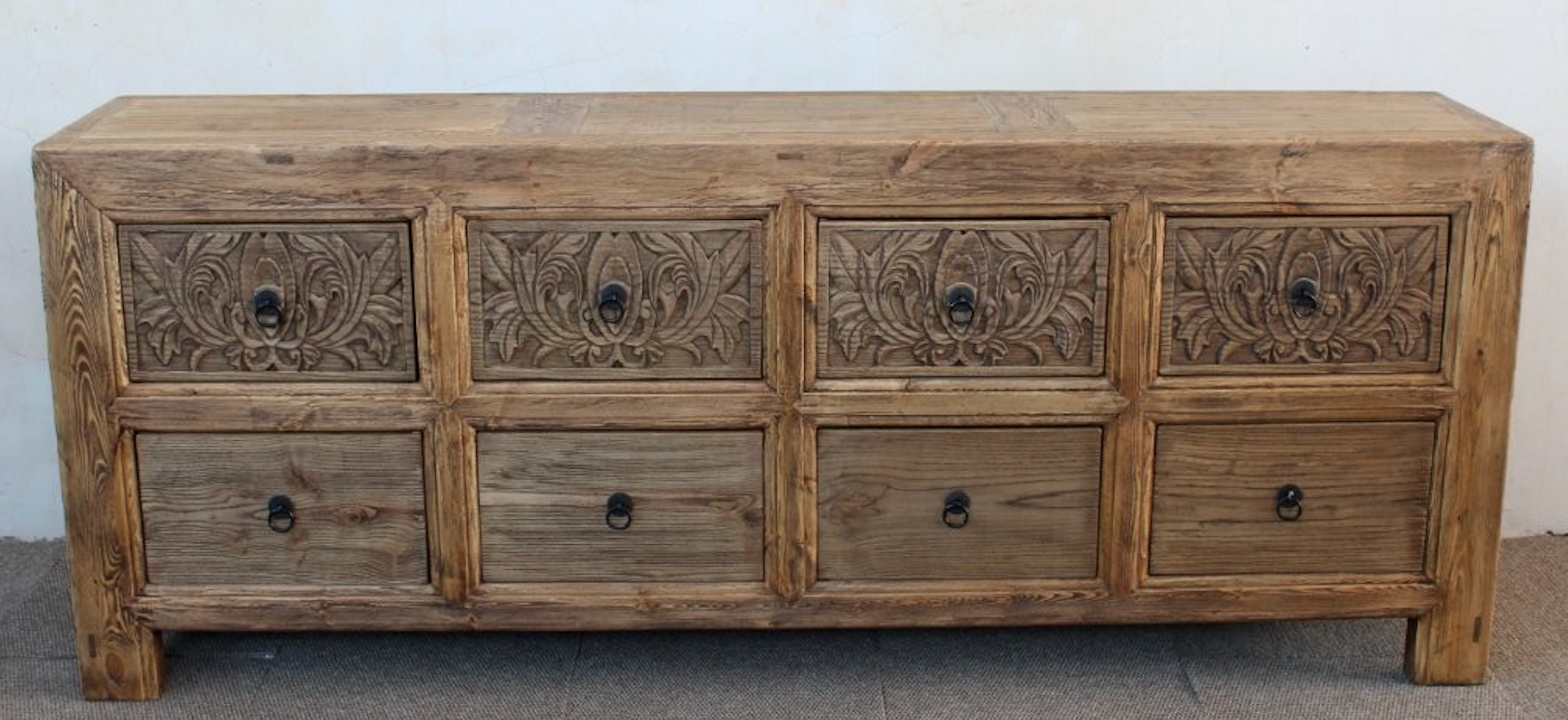 LARGE NATURAL WOOD 8 DRAWER DETAILED BUFFET CUPBOARD
