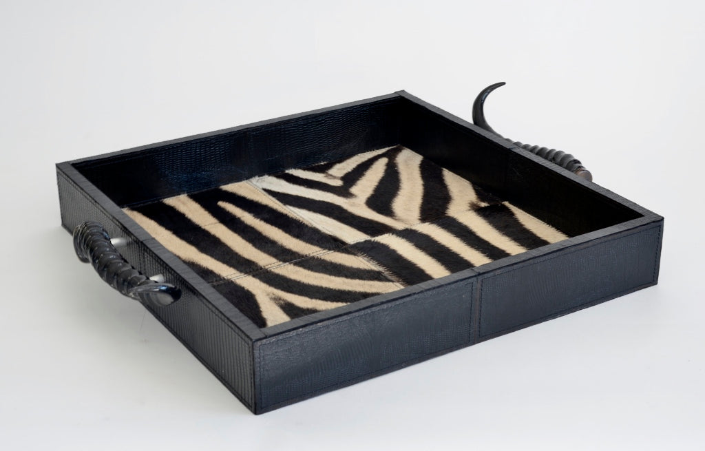 Square zebra inlay tray with springbok handles
