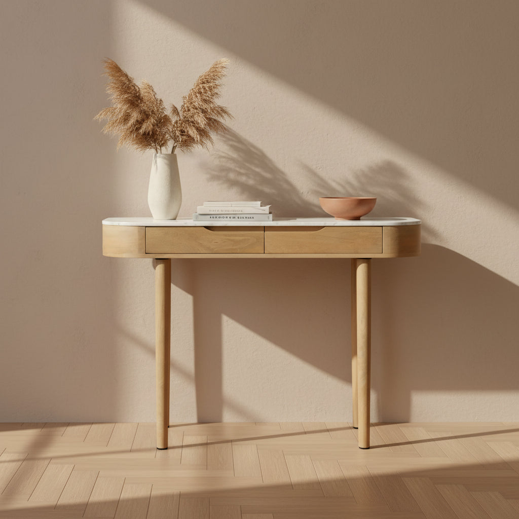 Wooden console table with marble top on a white background