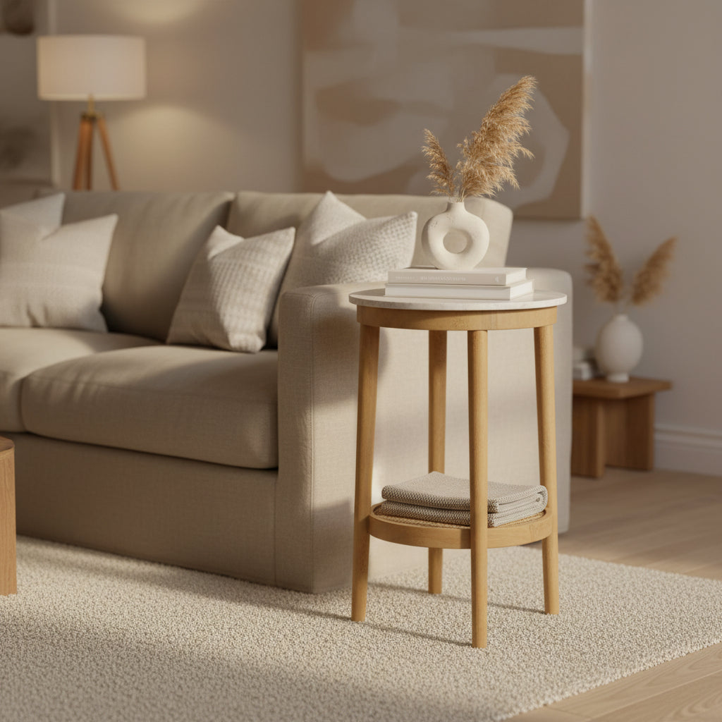 Wooden side table with a woven shelf on a white background