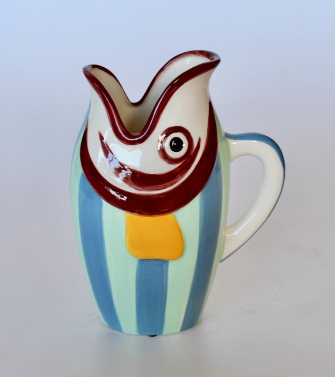 Maroon and Blue Striped Fish Jug