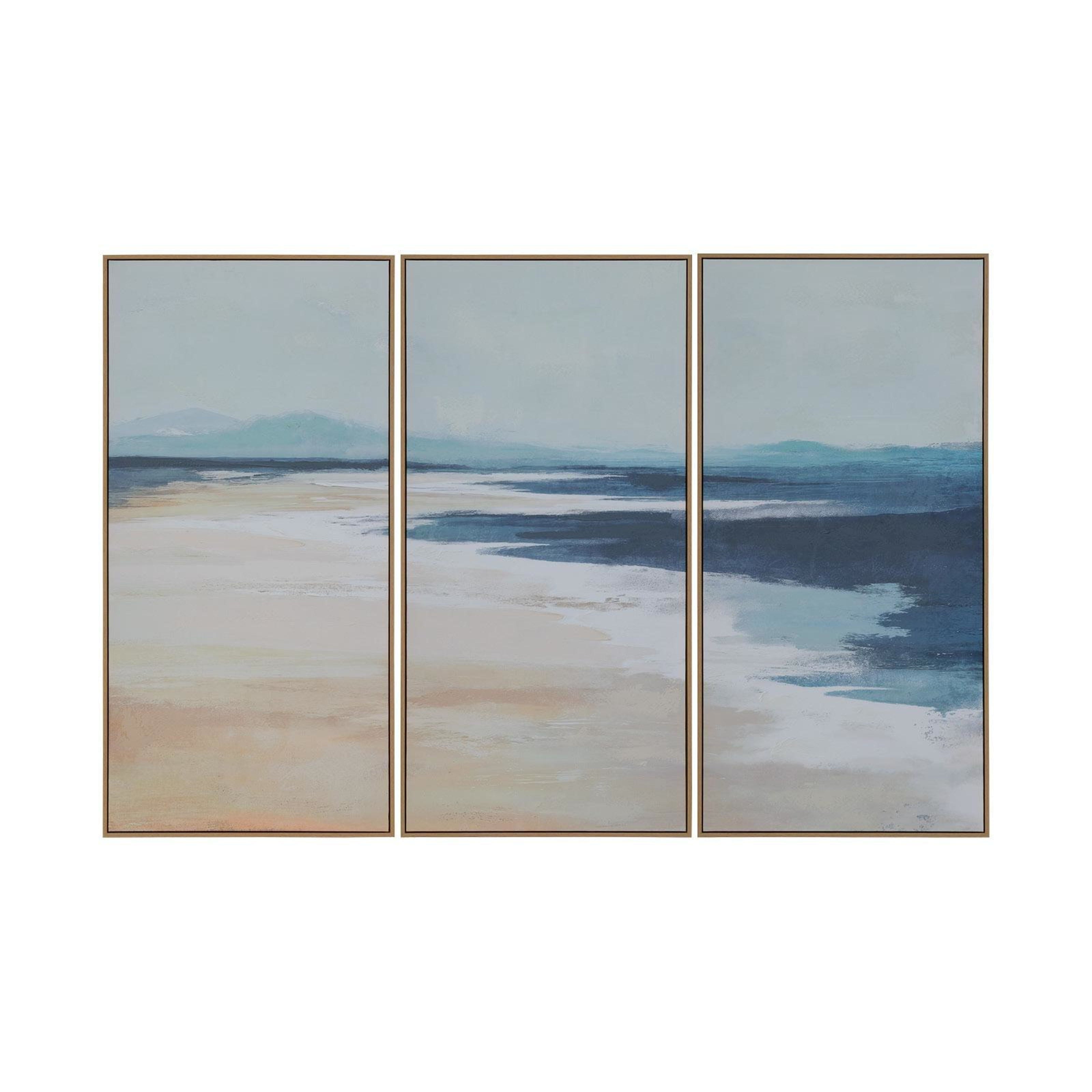 Triptych painting of a landscape with blue sky and brown earth