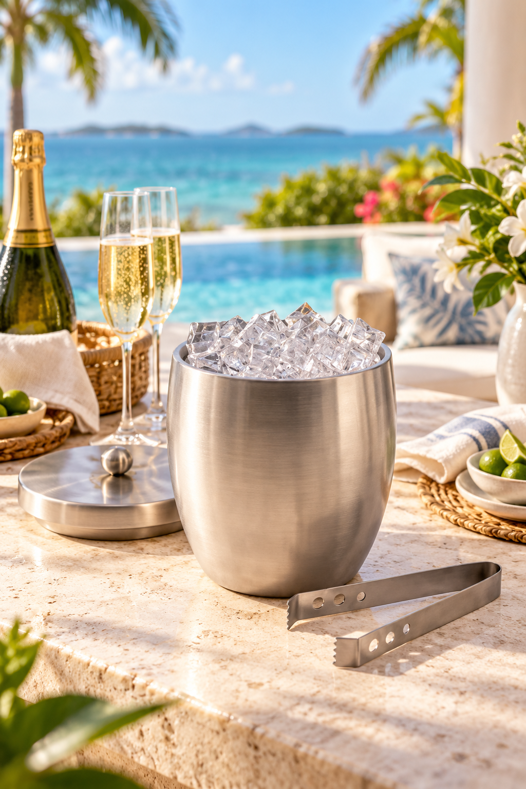 ICE BUCKET WITH TONGS SHANGHAI SILVER
