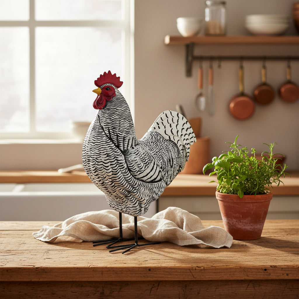 A decorative rooster figurine with a black-and-white wavy patterned body, red comb and wattle, yellow beak, and black metal legs, standing on a wooden surface against a textured green wall.