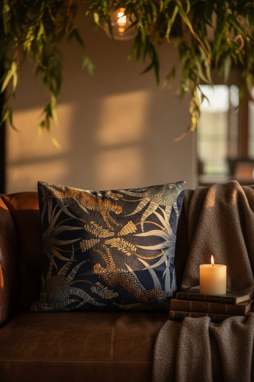 Velvet Cushion Cover - Cheetah Navy