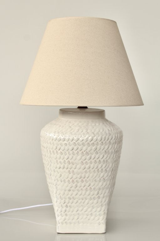 White Ceramic Basket Weave Lamp Base Beige Shade
