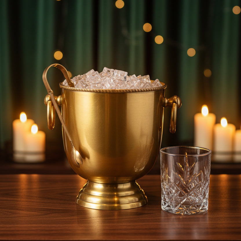 ANTIQUE BRASS ICE BUCKET KINGS & TONGS