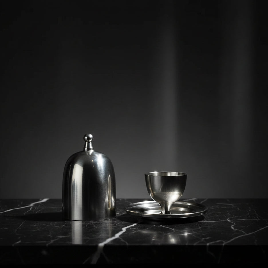 Set of silver metal items including a dome-shaped container, an egg cup, and a saucer on a white background.
