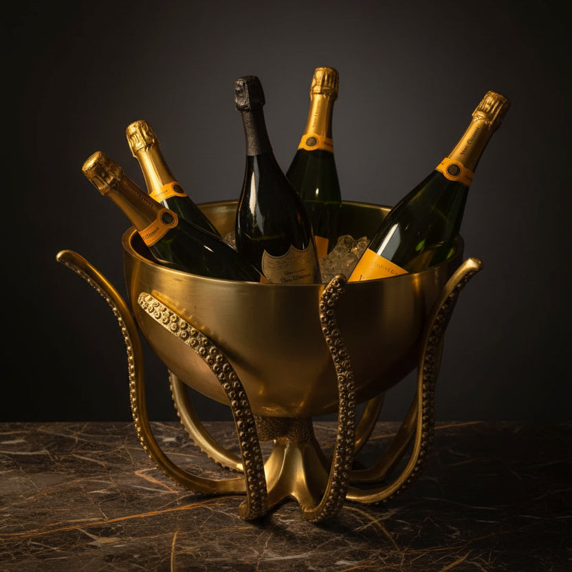 Gold octopus-shaped wine cooler with champagne bottles on a plain background