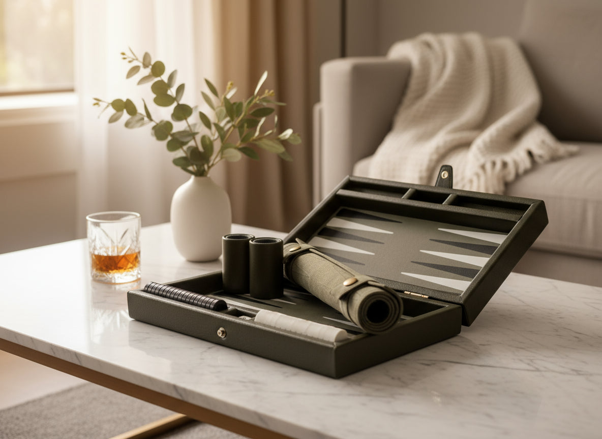 Olive with Black & White Genuine Leather Backgammon Board