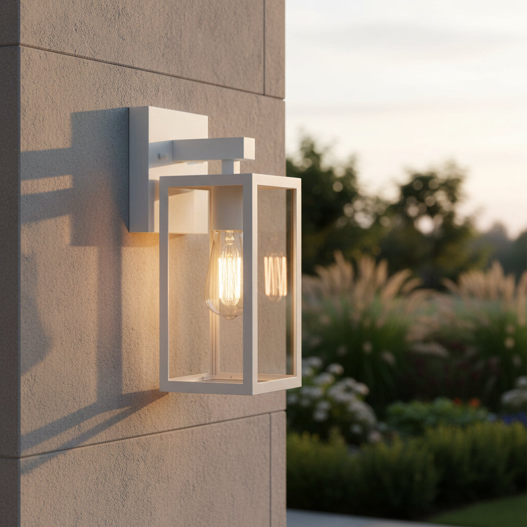 White outdoor wall light fixture with clear glass cover on a white background