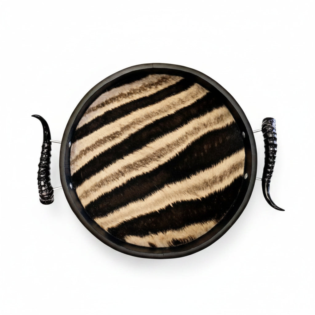 Zebra Skin Inlay Round Tray with Springbok Handles