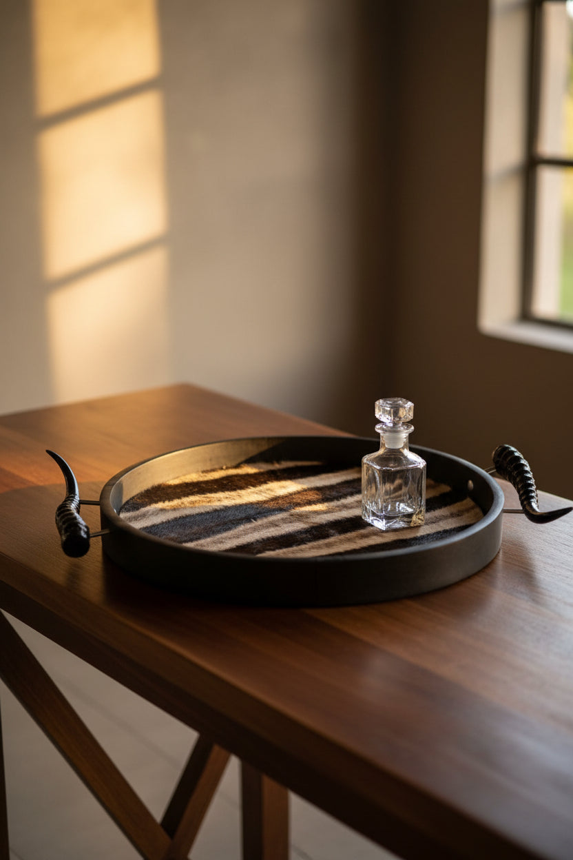 ZEBRA SKIN INLAY ROUND TRAY WITH SPRINGBOK HANDLES - NetDécor