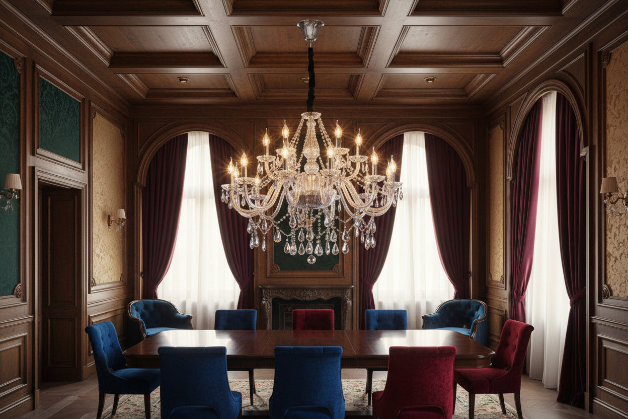 Crystal chandelier against a black background