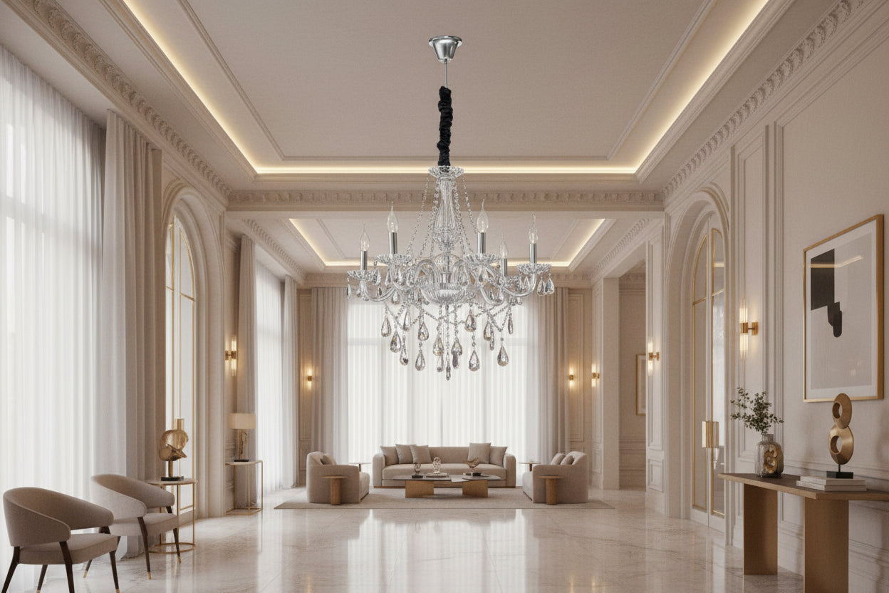 Crystal chandelier against a black background