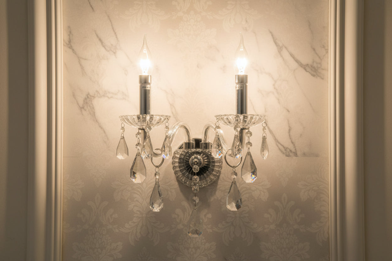 Decorative wall sconce with crystal elements on a black background