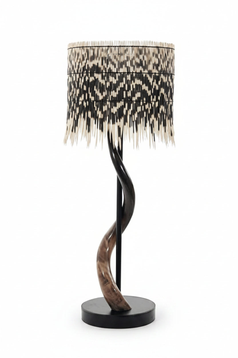 Black Polished Kudu Horn Lamp with Quill Drum Shade
