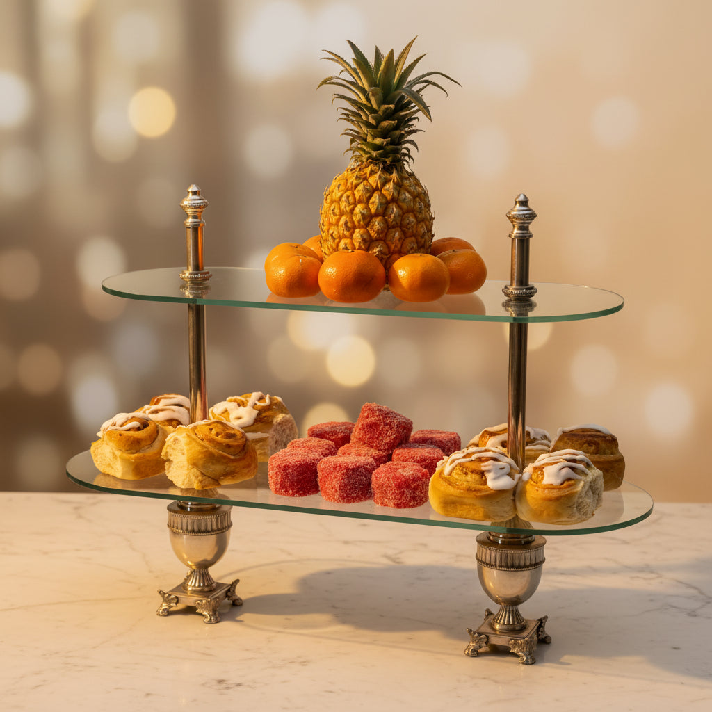 A two-tier cake stand with a glass base and steel legs, adorned with a pineapple topper and displaying various cakes and fruits.