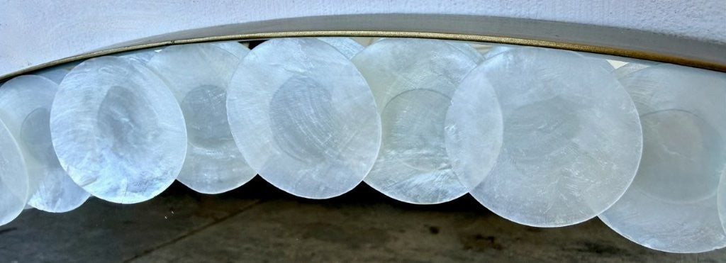 LARGE ROUND METAL MIRROR WITH CAPIZ DETAIL