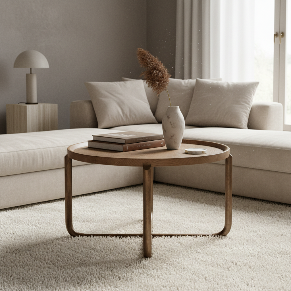 Round wooden coffee table on a white background