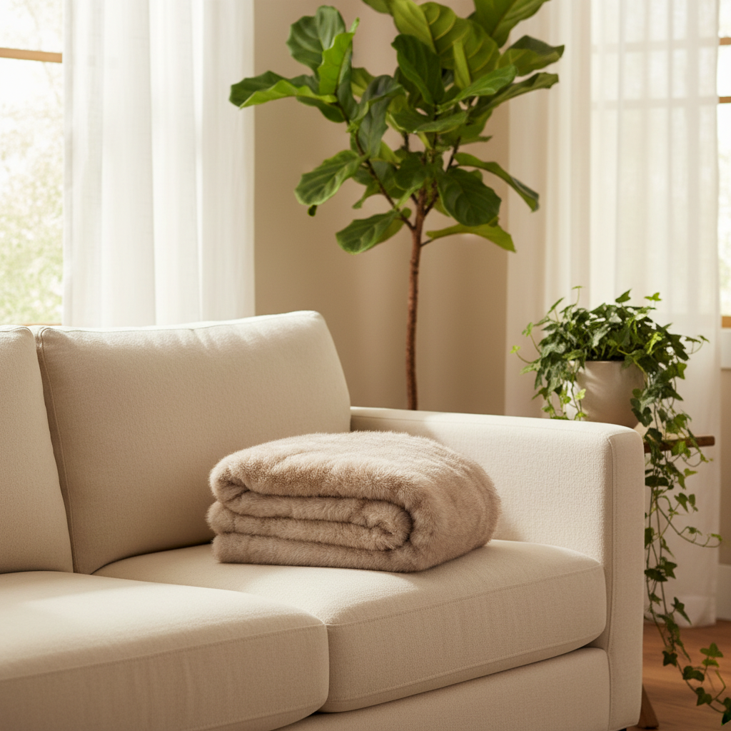 Folded beige blanket on a white background